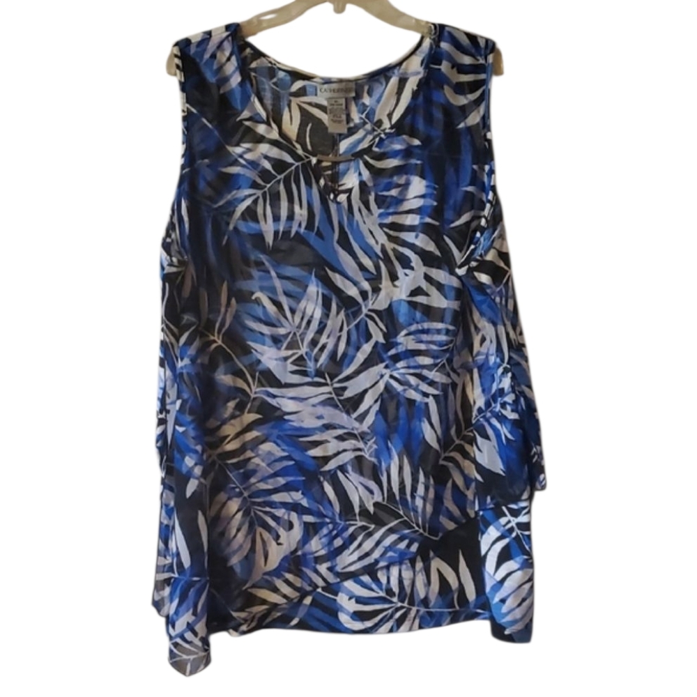 Catherines Blue White Black Leaf Print Sleeveless top. Mesh overlay keyhole neck